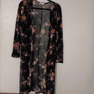 Purple Snow Women's Mesh Lightweight Duster Sz. L Black w/ Multi-Color Floral...